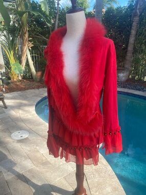 Radzoli Bright Red Faux Fur Trim Jacket